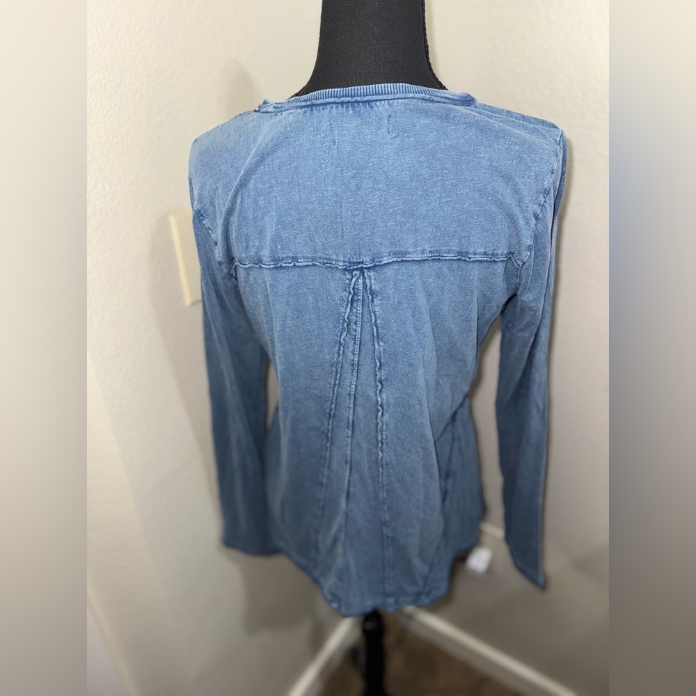 Spense Blue Acid Wash Boho Top Embroidered Y2K Long Sleeve Tee- Medium - Picture 6 of 9
